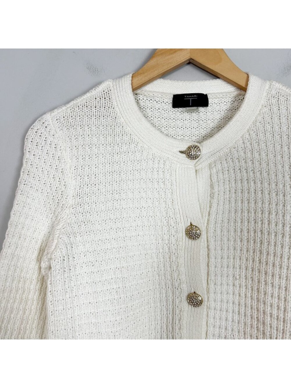 Tahari Ivory Waffle Knit Lady Jacket Cardigan Sweater Rhinestone‎ Button Size XS